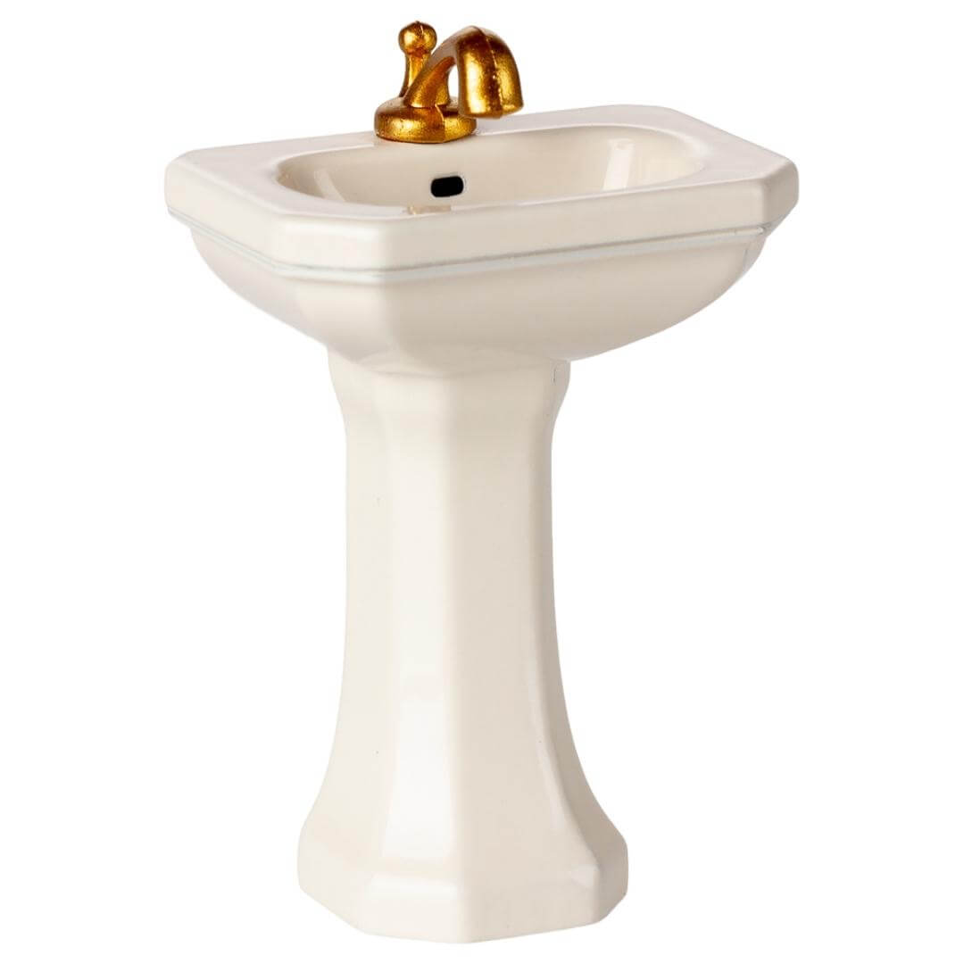 Maileg Mouse Bathroom Sink with off-white pedestal base and golden faucet – miniature dollhouse sink for SuitCasa and mouse-sized play – Bella Luna Toys.
