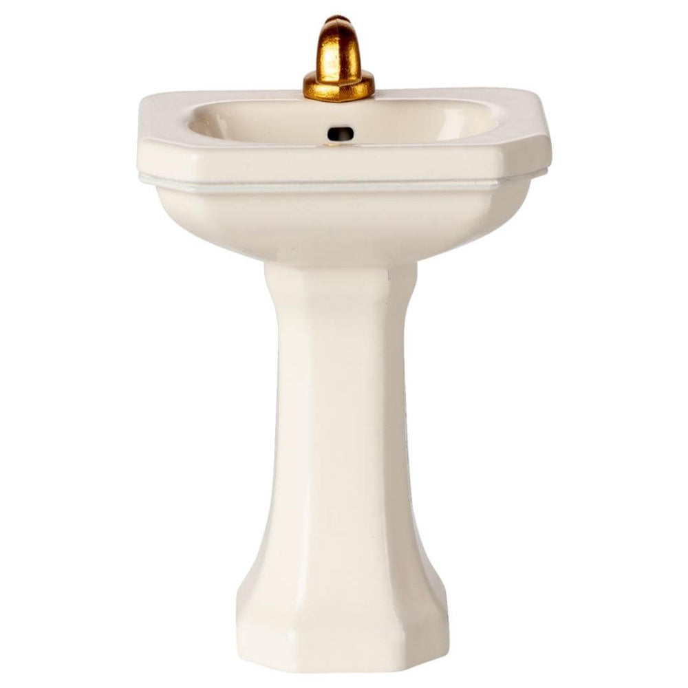 Maileg Mouse Bathroom Sink with off-white pedestal base and golden faucet – miniature dollhouse sink for SuitCasa and mouse-sized play – Bella Luna Toys.