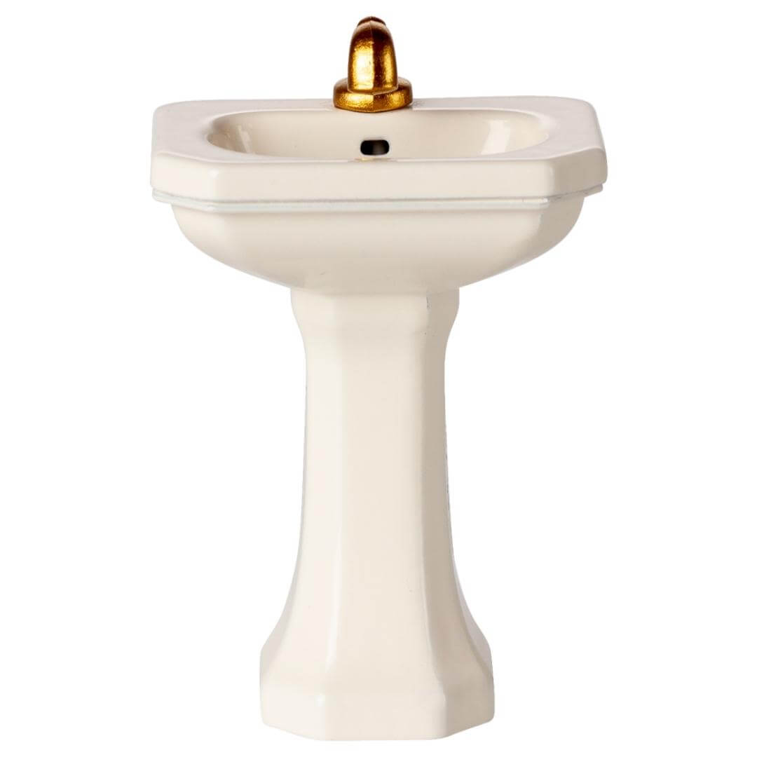 Maileg Mouse Bathroom Sink with off-white pedestal base and golden faucet – miniature dollhouse sink for SuitCasa and mouse-sized play – Bella Luna Toys.