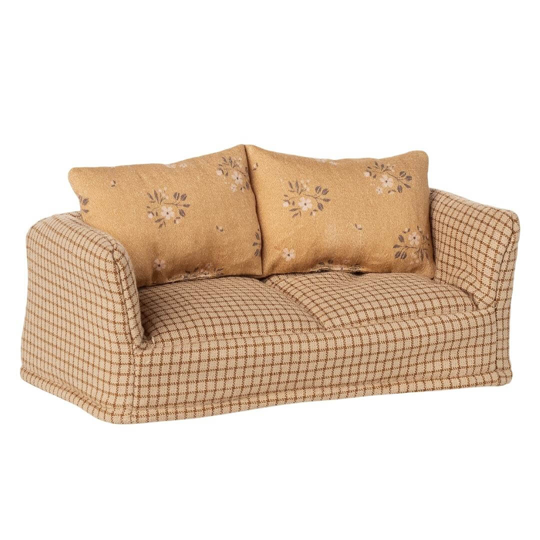 Miniature Maileg sofa for mouse dolls with checked fabric and floral cushions, from Bella Luna Toys.