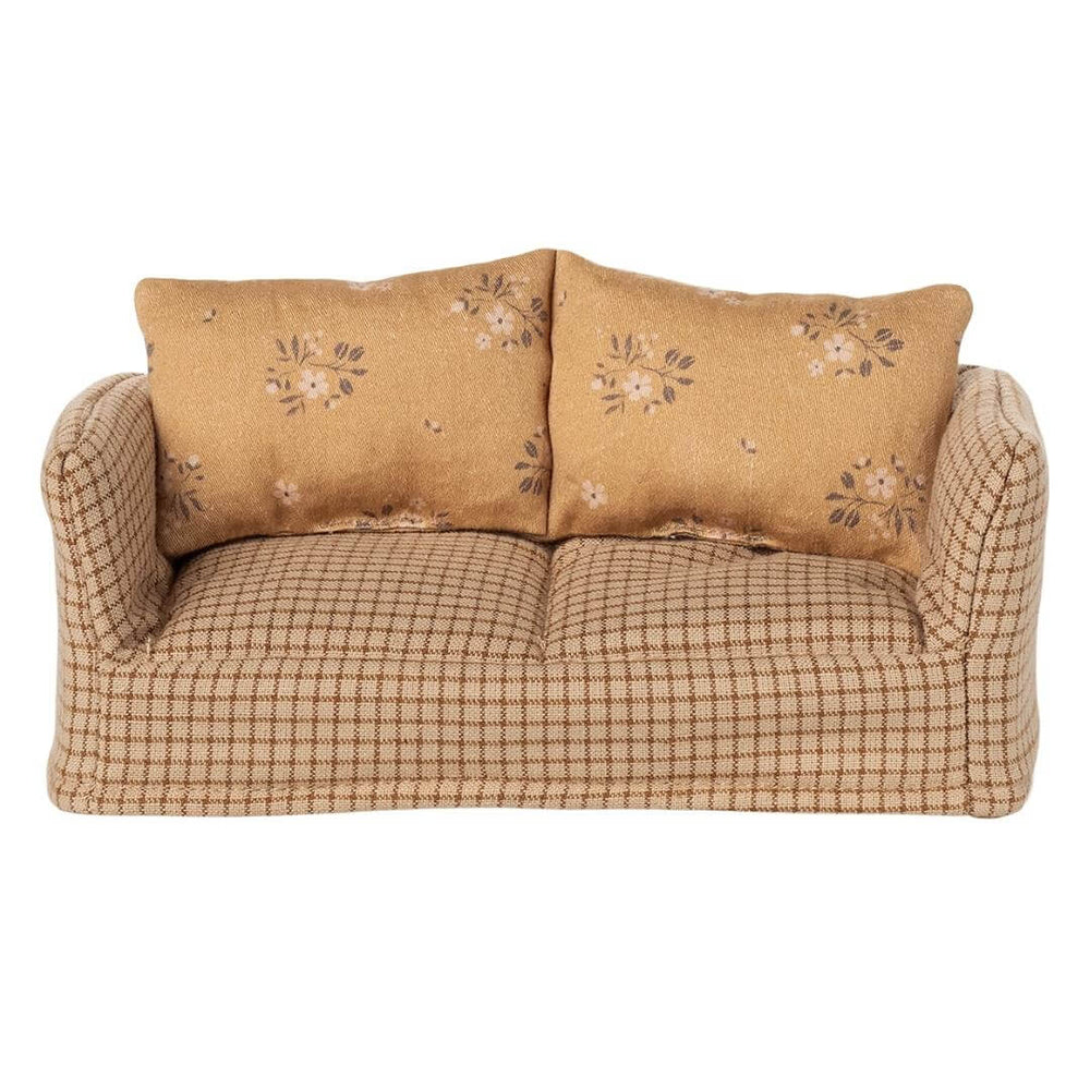 Miniature Maileg sofa for mouse dolls with checked fabric and floral cushions, Bella Luna Toys.