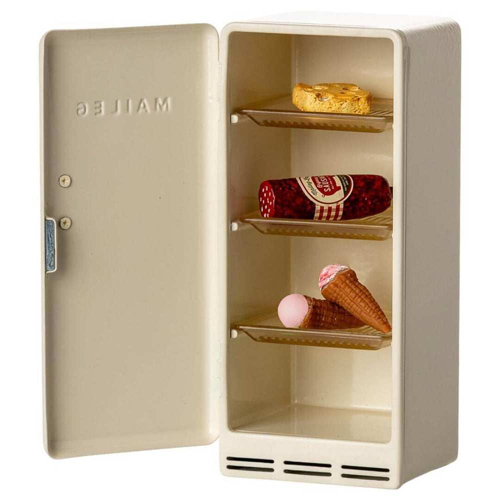Miniature Maileg fridge for mouse dolls with included cheese, sausage, and ice cream, from Bella Luna Toys.