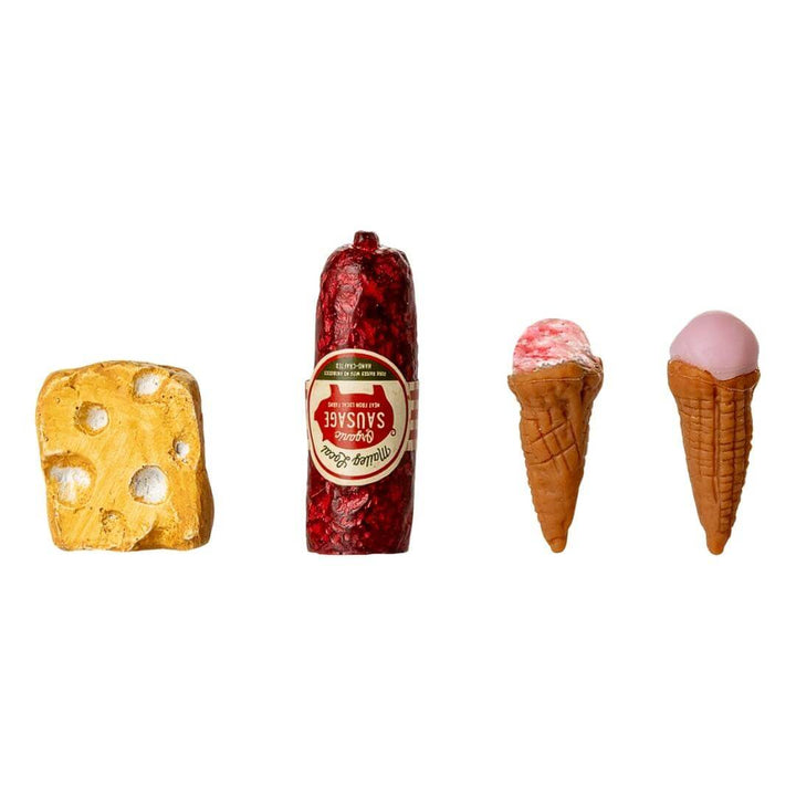 Maileg refrigerator accessories for mouse dolls including cheese, sausage, and two ice cream cones, from Bella Luna Toys.