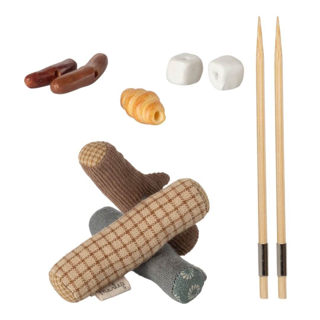 Maileg mouse-sized campfire set with fabric logs, roasting sticks, marshmallows, sausages, and bread for Maileg hiking mice - Bella Luna Toys