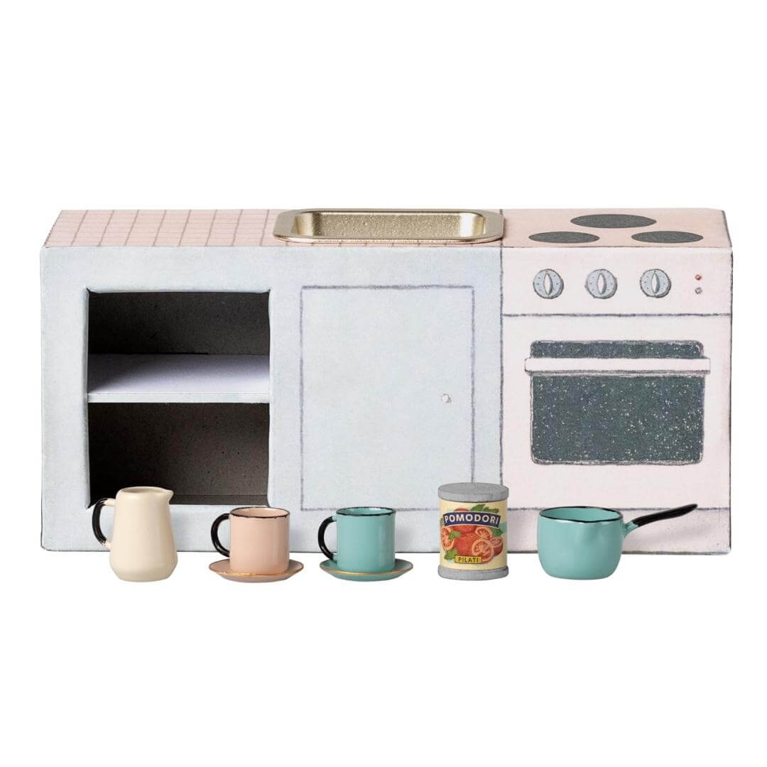 Maileg mouse-sized kitchen counter with metal sink, tiny pots, cups, plates, and can of tomatoes – miniature play kitchen for Maileg mice – Bella Luna Toys.
