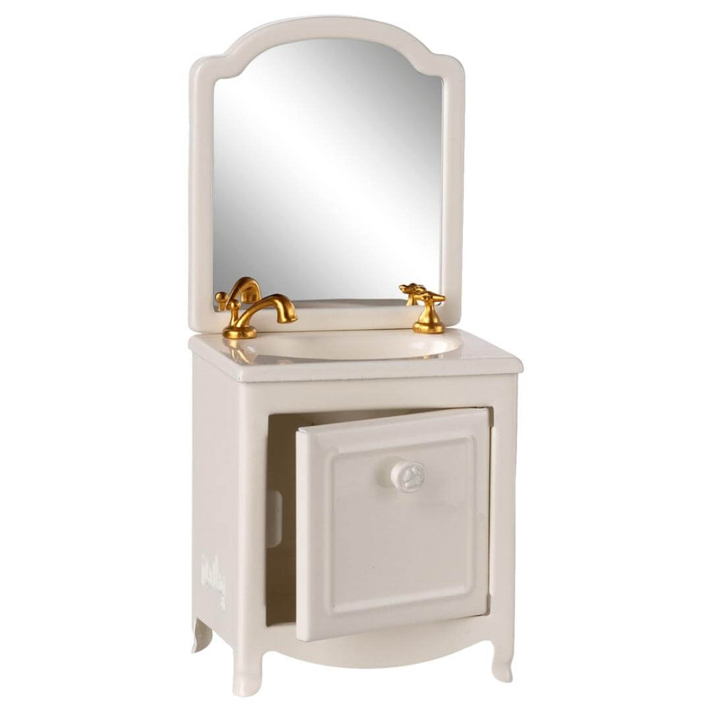 Maileg Off-White Mouse Bathroom Sink with Mirror showing the cabinet door open – Bella Luna Toys