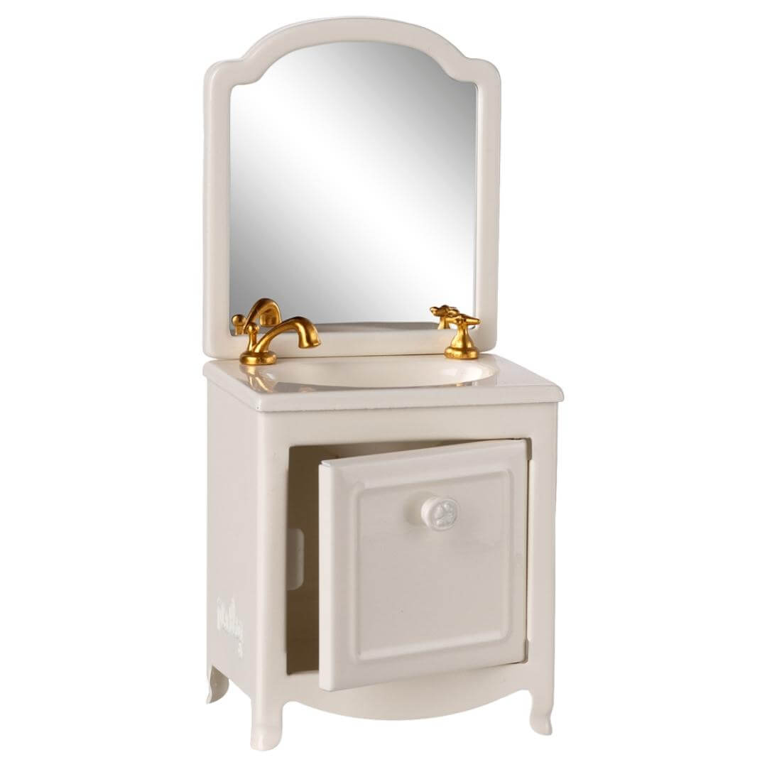Maileg Off-White Mouse Bathroom Sink with Mirror showing the cabinet door open – Bella Luna Toys