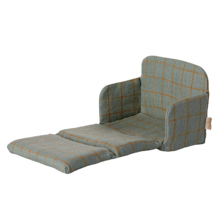 Maileg mouse-sized sofa bed in blue checkered fabric, unfolded into a doll-sized bed, from Bella Luna Toys.