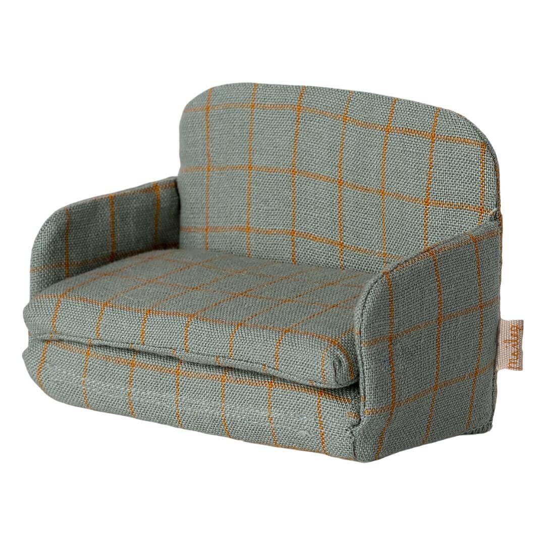 Maileg mouse-sized sofa bed in blue checkered fabric, cozy dollhouse furniture from Bella Luna Toys.
