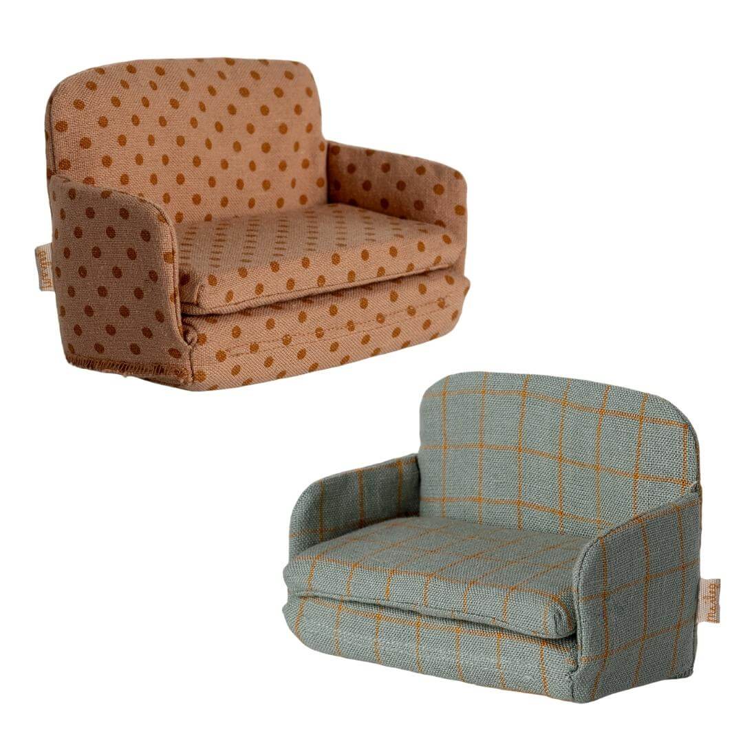 Maileg mouse-sized sofa beds in polka dot and checkered fabric, cozy dollhouse furniture from Bella Luna Toys.