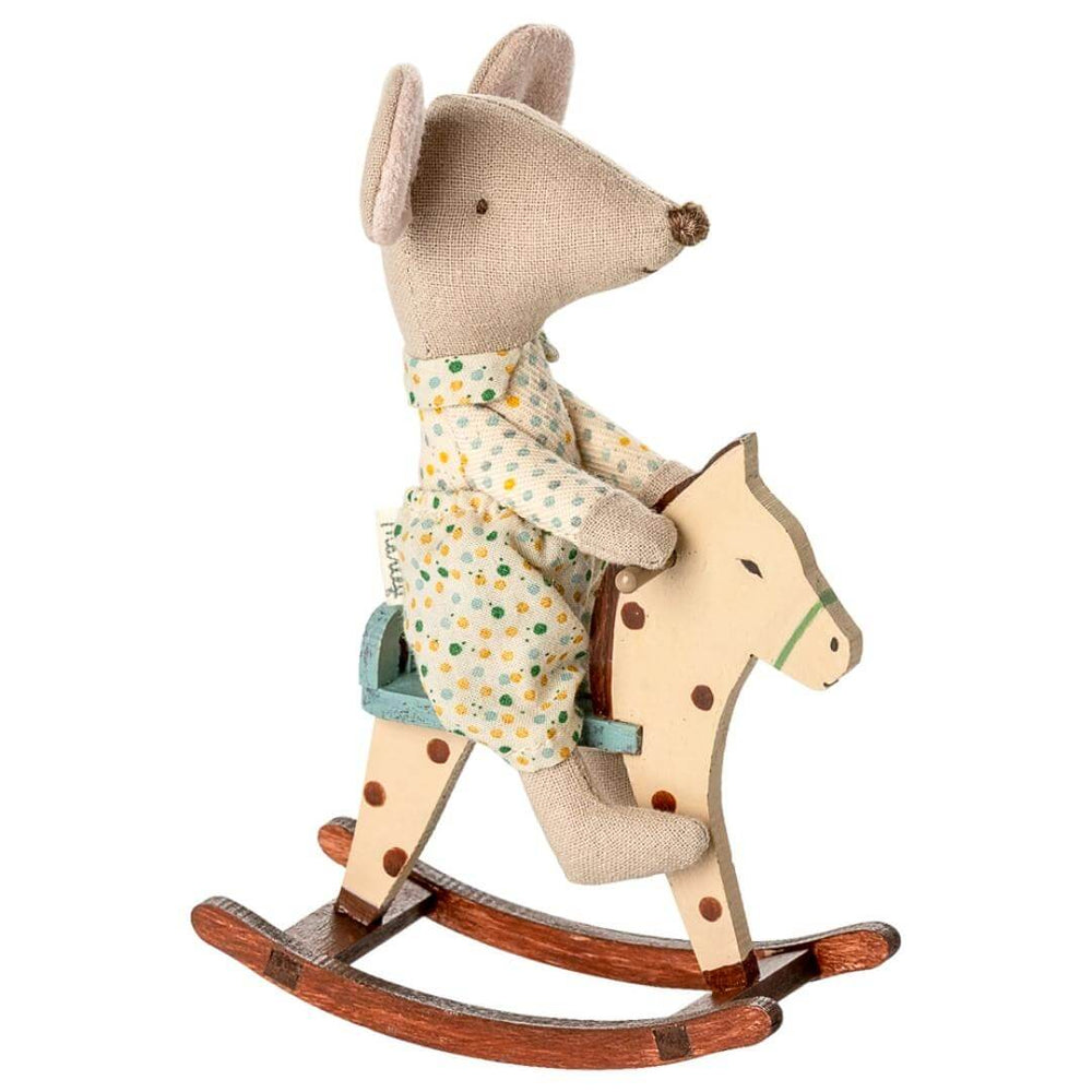 Vintage-style Maileg Rocking Horse being sat on by Little Sister mouse in a polka-dotted jumpsuit – Bella Luna Toys