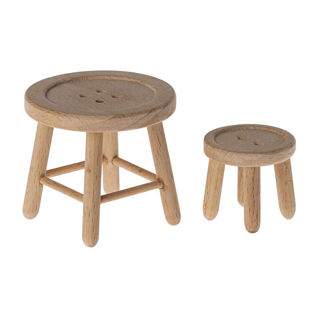 Maileg Mouse Sized Table and Stool Set with button tops and 4 legs in natural brown