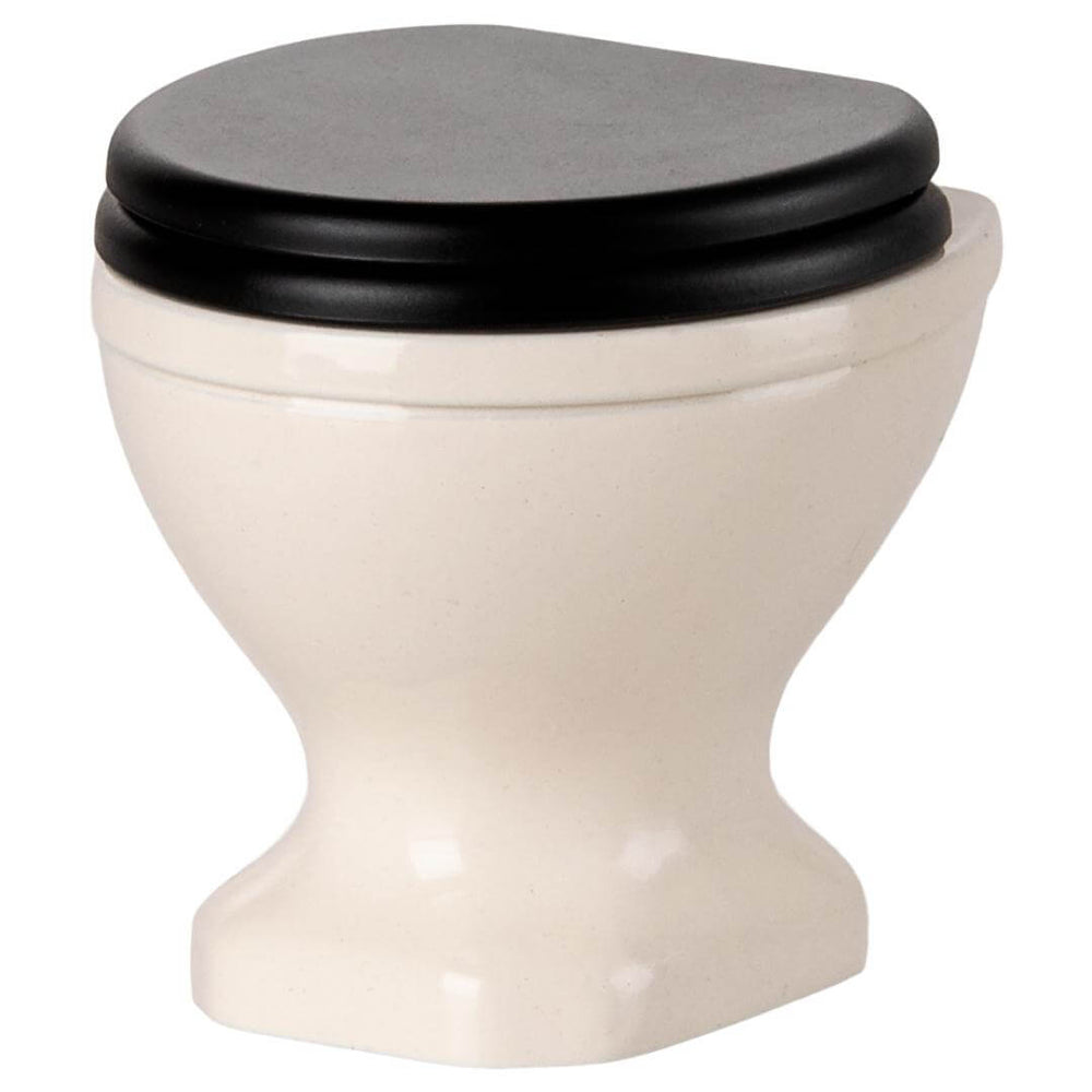 Maileg Mouse-Sized Toilet with off-white base and black lid shown with lid closed– miniature WC for SuitCasa mouse house and Maileg dollhouse play – Bella Luna Toys.