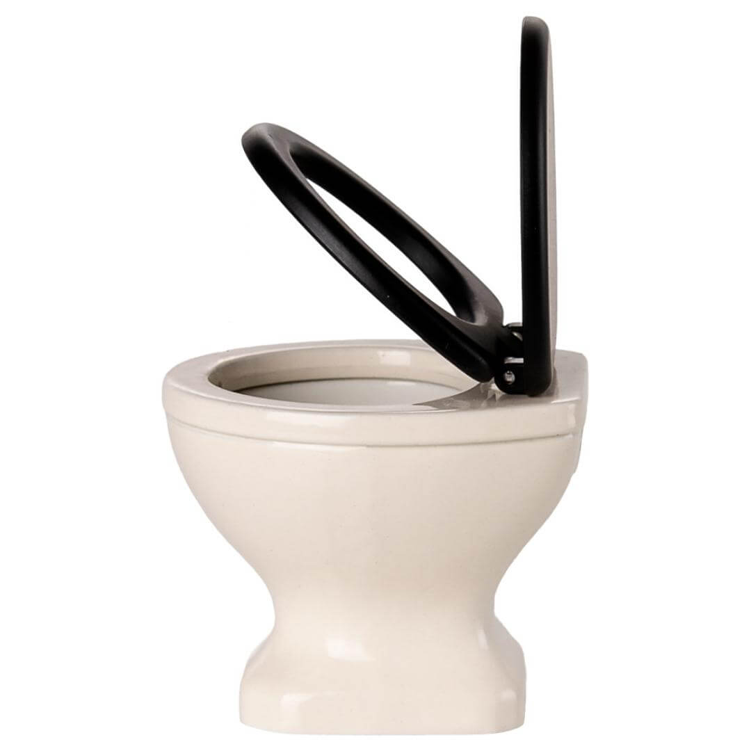 Maileg Mouse-Sized Toilet with off-white base and black lid shown with both lids up – miniature WC for SuitCasa mouse house and Maileg dollhouse play – Bella Luna Toys.