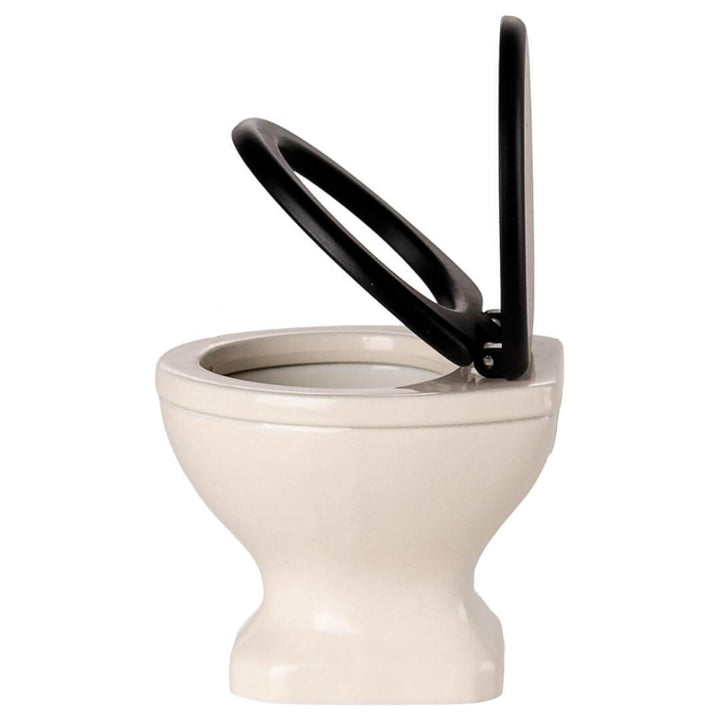 Maileg Mouse-Sized Toilet with off-white base and black lid shown with both lids up – miniature WC for SuitCasa mouse house and Maileg dollhouse play – Bella Luna Toys.
