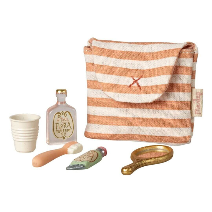 Maileg mouse-sized toothbrush set with striped fabric pouch, including toothbrushes, toothpaste, cup, and bottle for imaginative daily care play - Bella Luna Toys