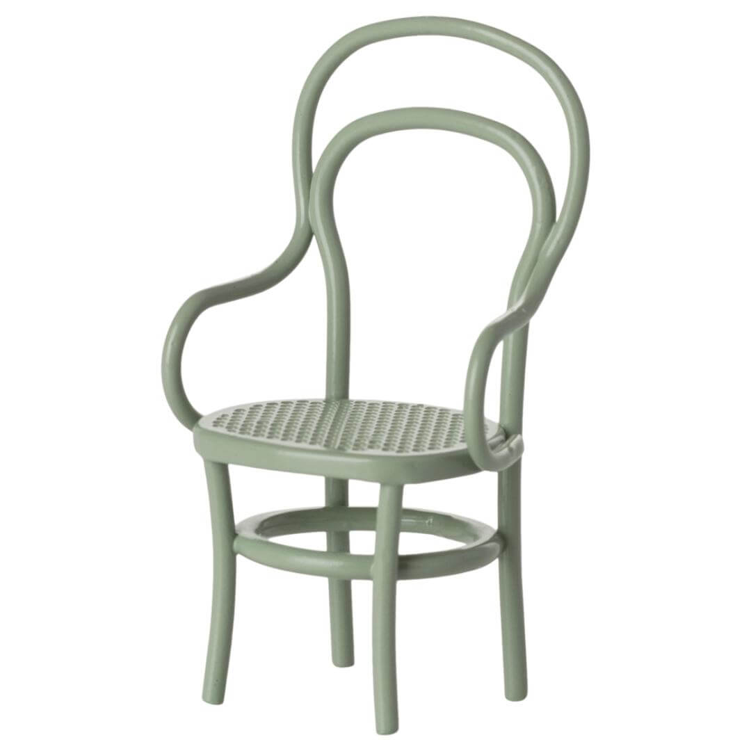 Maileg dollhouse mouse chairs in mint, styled with a vintage design. Bella Luna Toys
