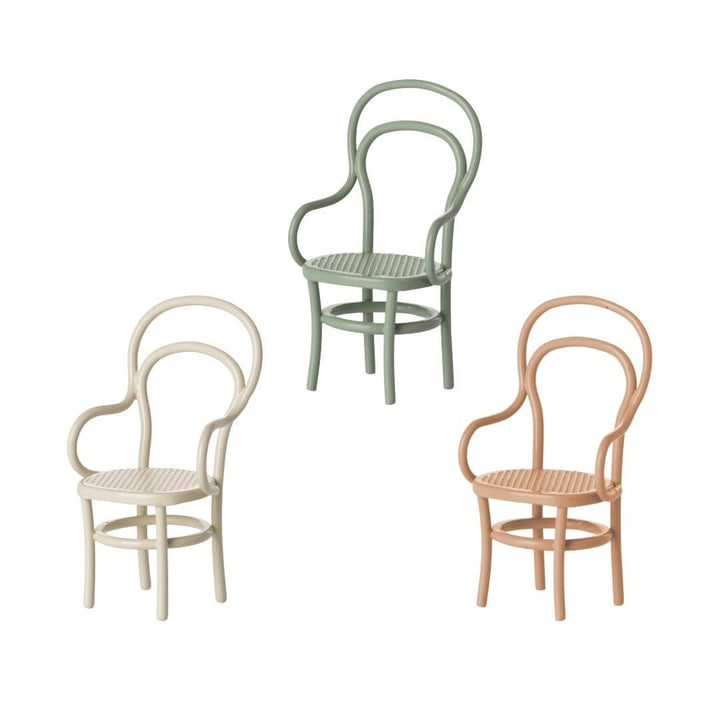 Maileg dollhouse mouse chairs in cream, mint, and dark powder, styled with a vintage design. Bella Luna Toys