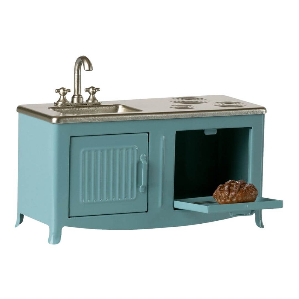 Maileg vintage dollhouse kitchen for mice, in a teal blue color.