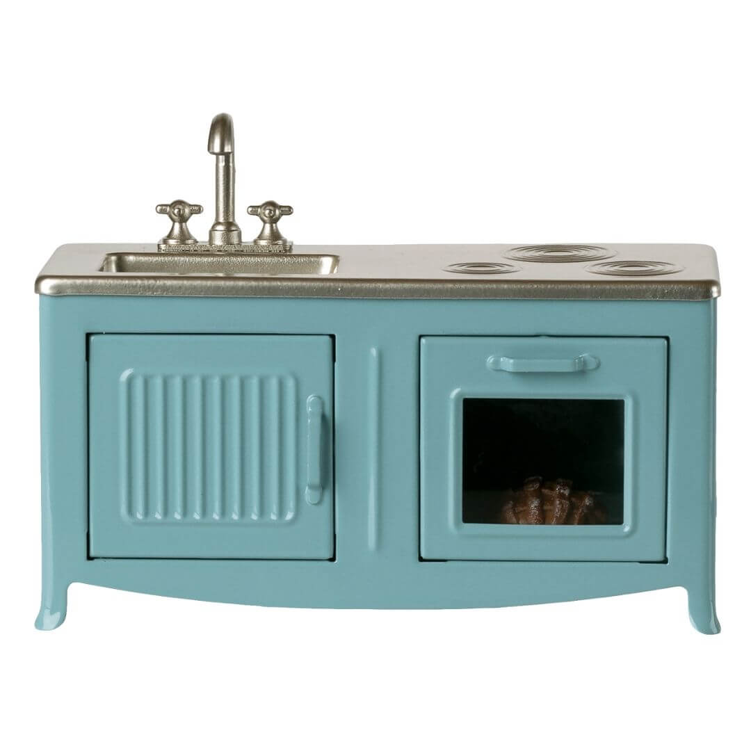 Maileg vintage kitchen in a teal blue colorway.