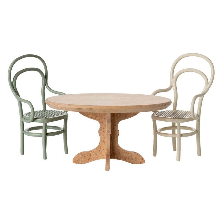 Maileg Mouse-Sized Wooden Oval Dining Table with 2 vintage style mouse chairs in cream and mint – Bella Luna Toys