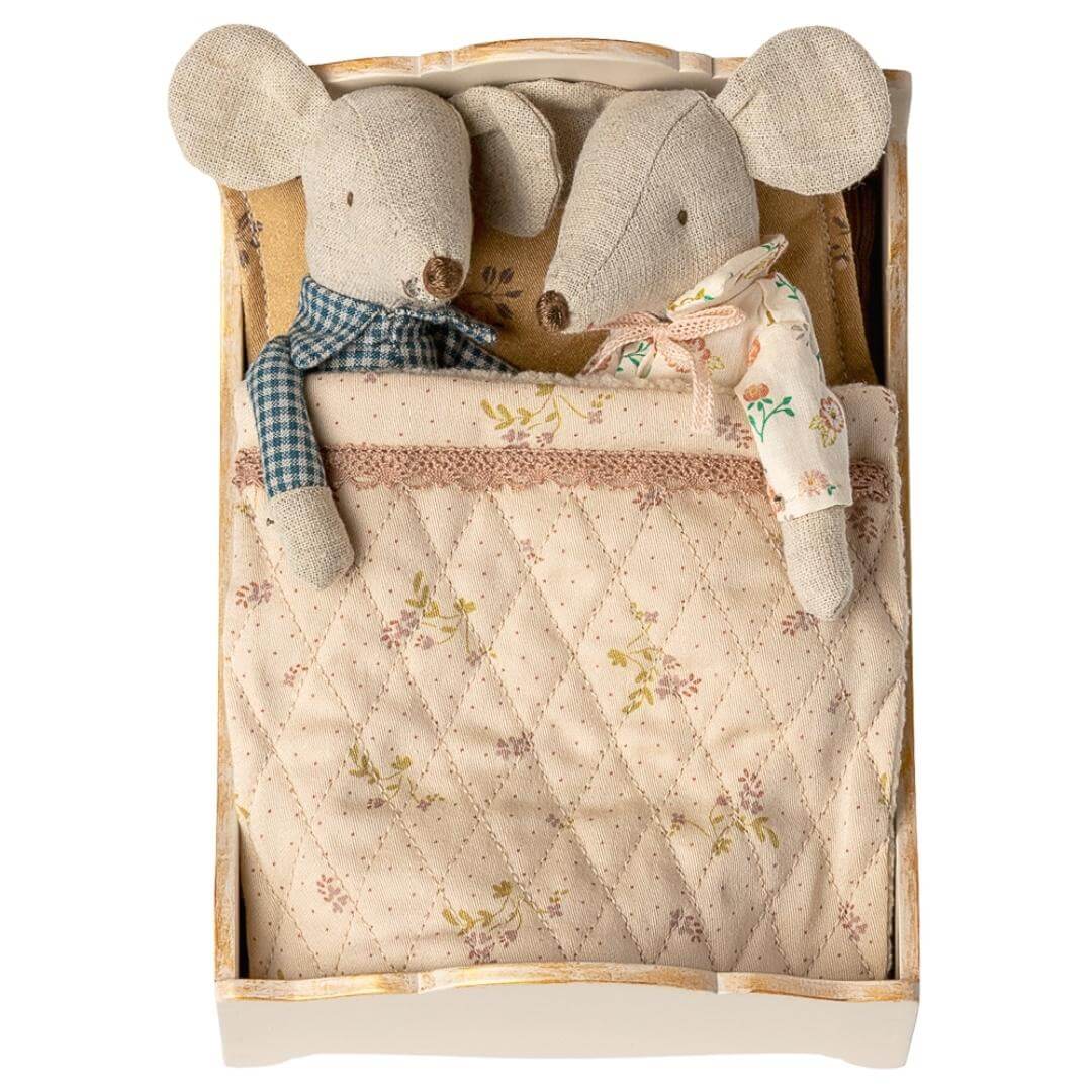 Vintage-style Maileg mouse bed with golden accents and linens and 2 mice sleeping side by side – Bella Luna Toys