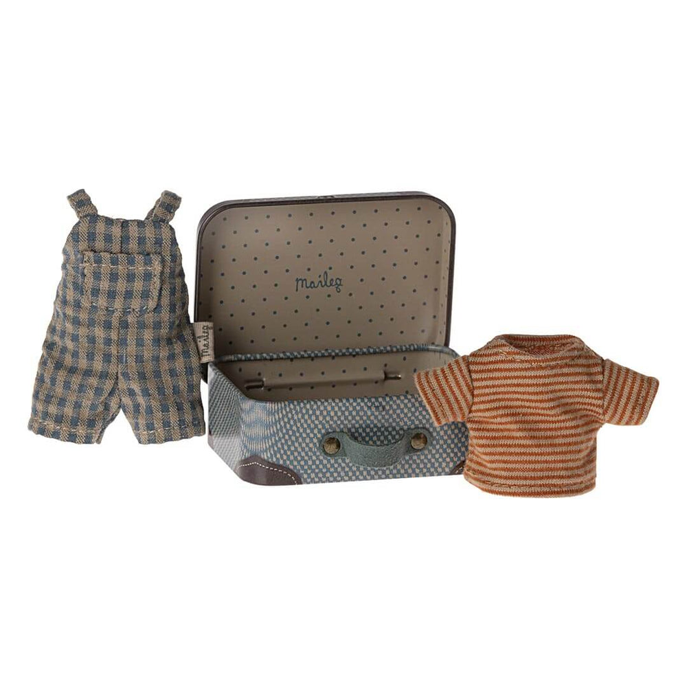Maileg Overalls and Shirt in a Suitcase for Big Brother Mouse with suitcase open