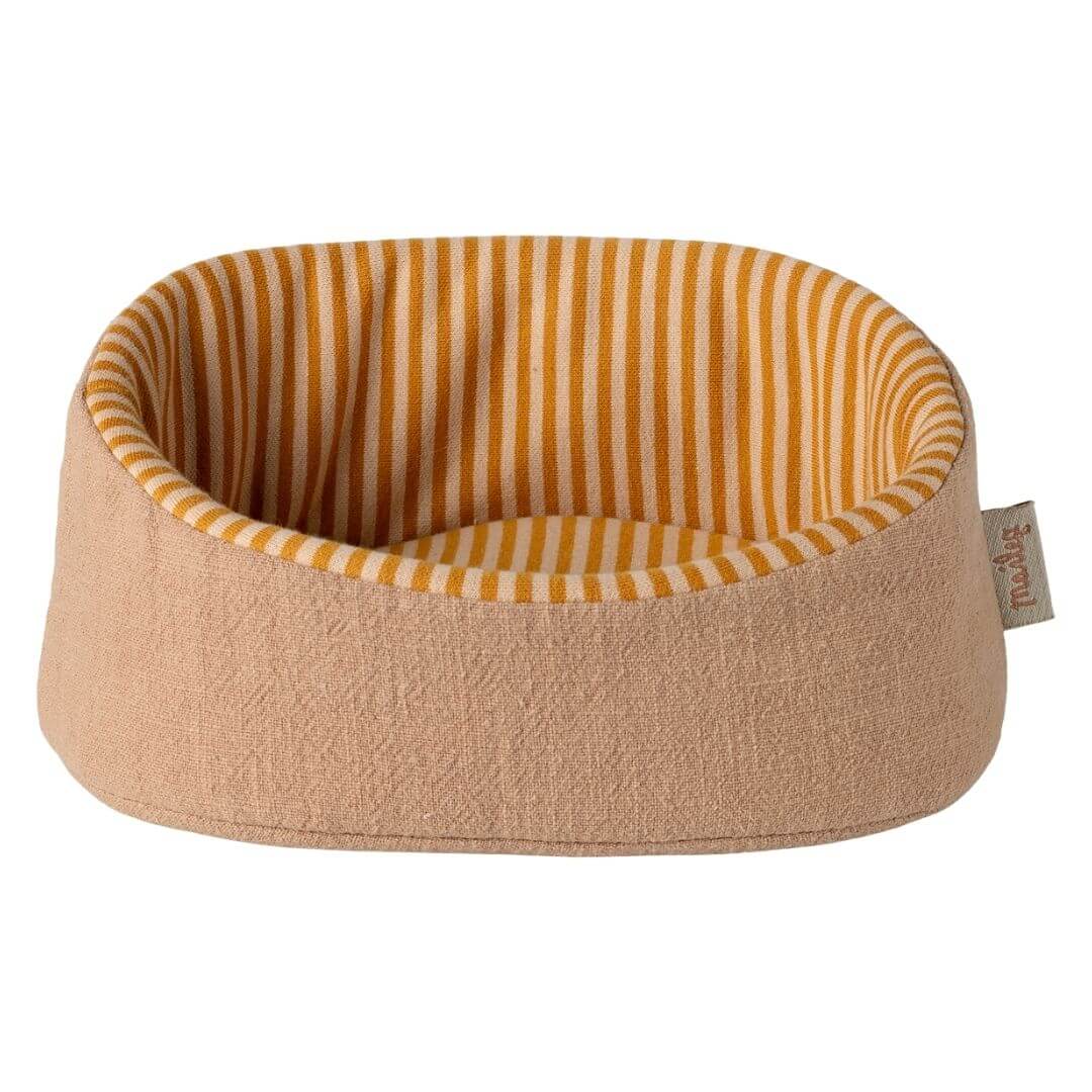 Maileg pet basket in powder beige with yellow striped interior, sized for small Maileg puppies - Bella Luna Toys
