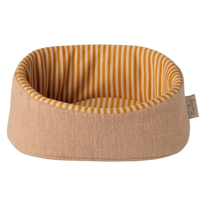 Maileg pet basket in powder beige with yellow striped interior, sized for small Maileg puppies - Bella Luna Toys