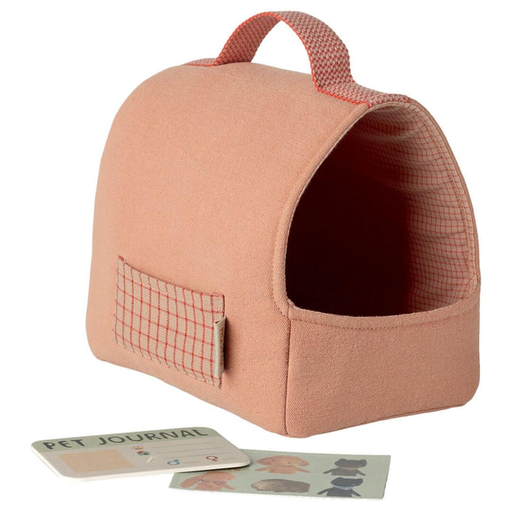Maileg pet carrier in coral fabric with handle, front and side pockets and included journal and stickers - Bella Luna Toys