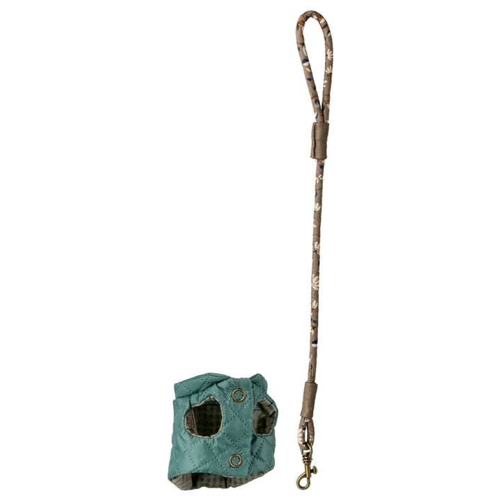 Maileg pet leash and quilted harness set in dark mint with floral leash and brass clip for small Maileg puppies and animals. - Bella Luna Toys