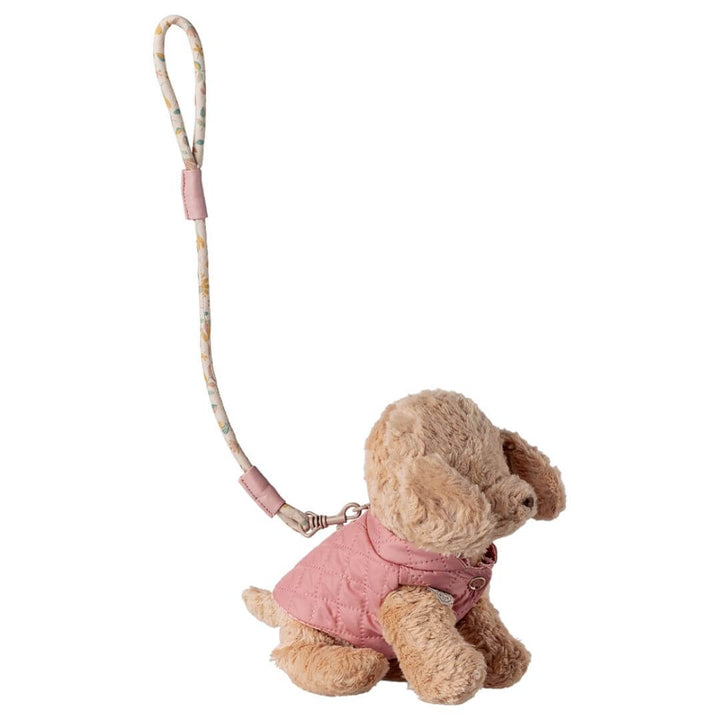 Maileg pet leash and quilted harness set in rose  with floral leash and brass clip shown on small Maileg puppy - Bella Luna Toys