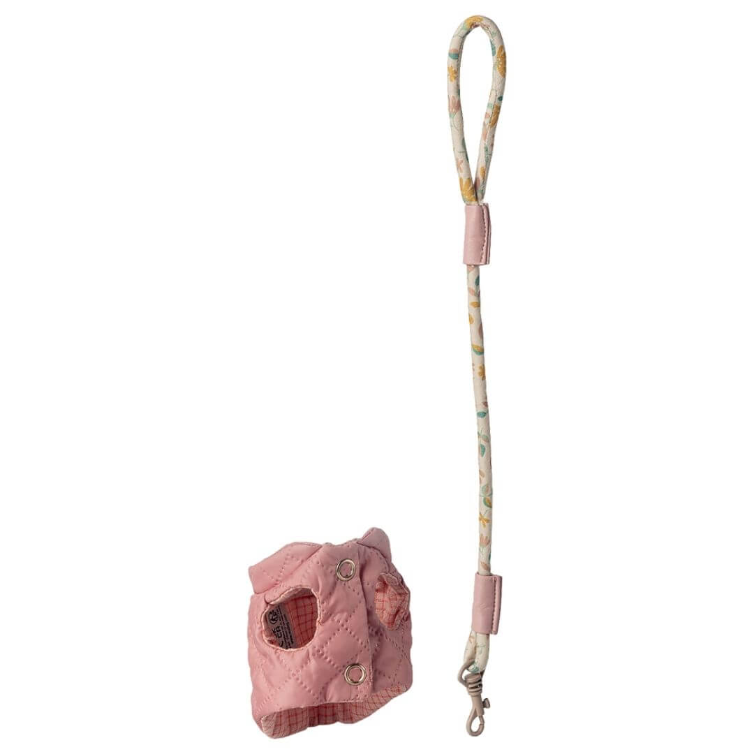 Maileg pet leash and quilted harness set in rose with floral leash and brass clip for small Maileg puppies and animals. - Bella Luna Toys