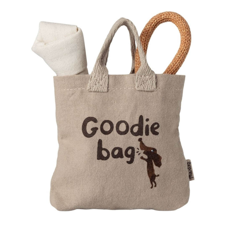 Maileg puppy pet supply set with rope ball toy, fabric bone with magnet, and small “Goodie Bag” tote for soft puppy play - Bella Luna Toys