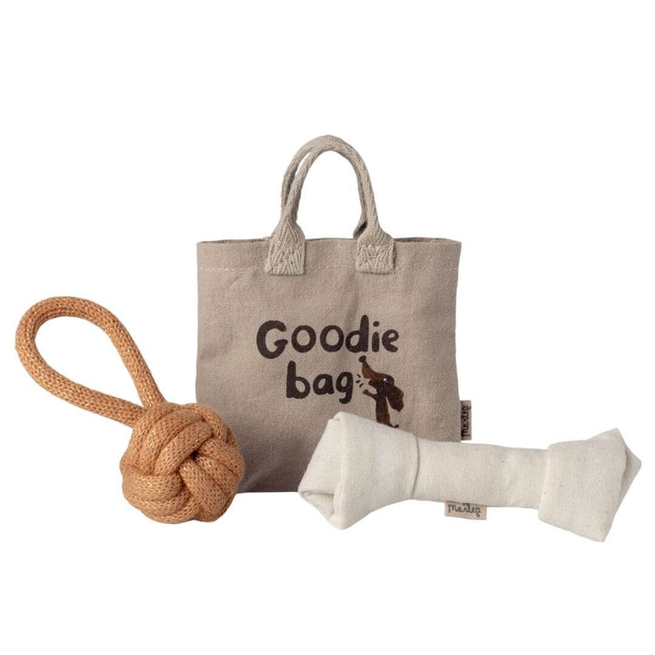 Maileg puppy pet supply set with rope ball toy, fabric bone with magnet, and small “Goodie Bag” tote for soft puppy play - Bella Luna Toys