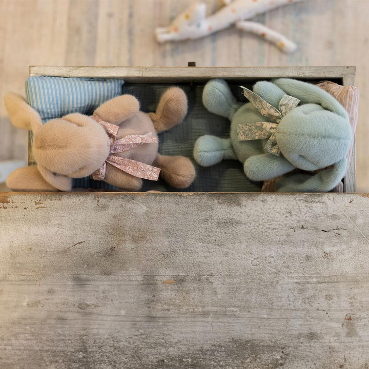 Maileg Small Plush Bunnies in a wooden drawer