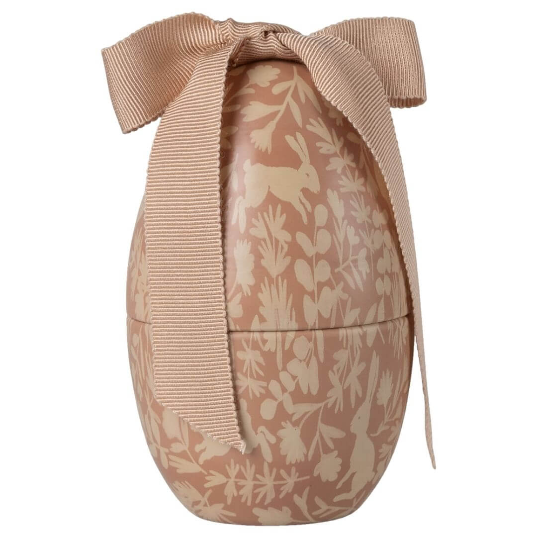 Maileg small metal Easter egg in rose with a delicate toile print and coordinating fabric bow. - Bella Luna Toys - Bella Luna Toys