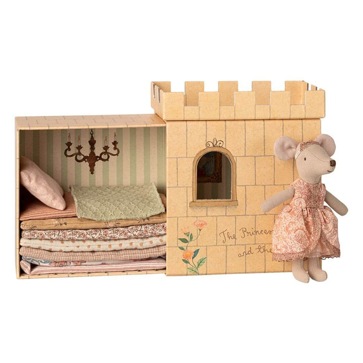 Maileg Princess Mouse and the Pea set with mouse princess in pink dress, stacked mattresses and castle box.