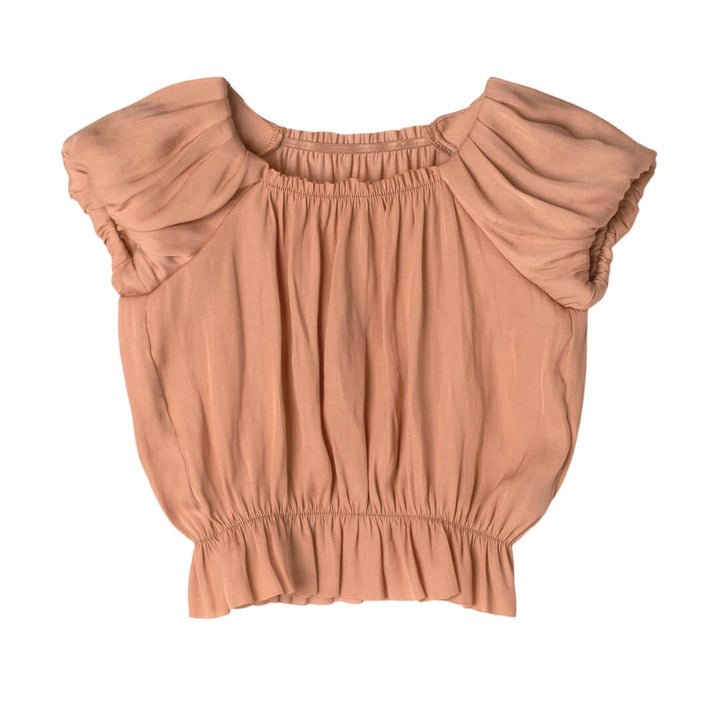 Maileg Peach-colored princess top with ruffled sleeves on a white background