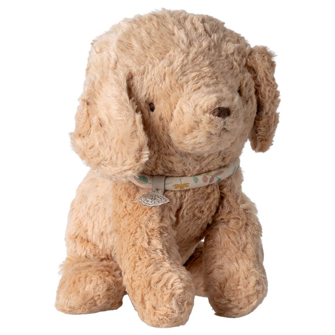 Maileg Small Puppy plush in dusty powder with soft vintage-style fur and a floral collar, sitting upright. - Bella Luna Toys
