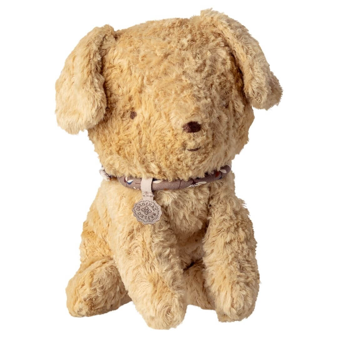 Maileg Small Puppy plush in sand with soft vintage-style fur and a floral collar, sitting upright. - Bella Luna Toys