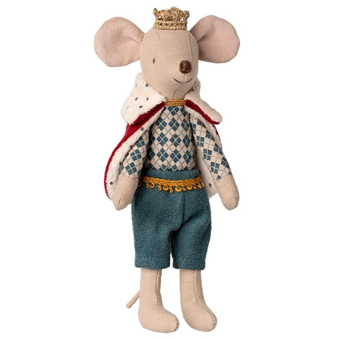 Maileg Royal King Dad Mouse wearing a golden crown, dotted capelet, checked shirt, and tailored trousers. Bella Luna Toys