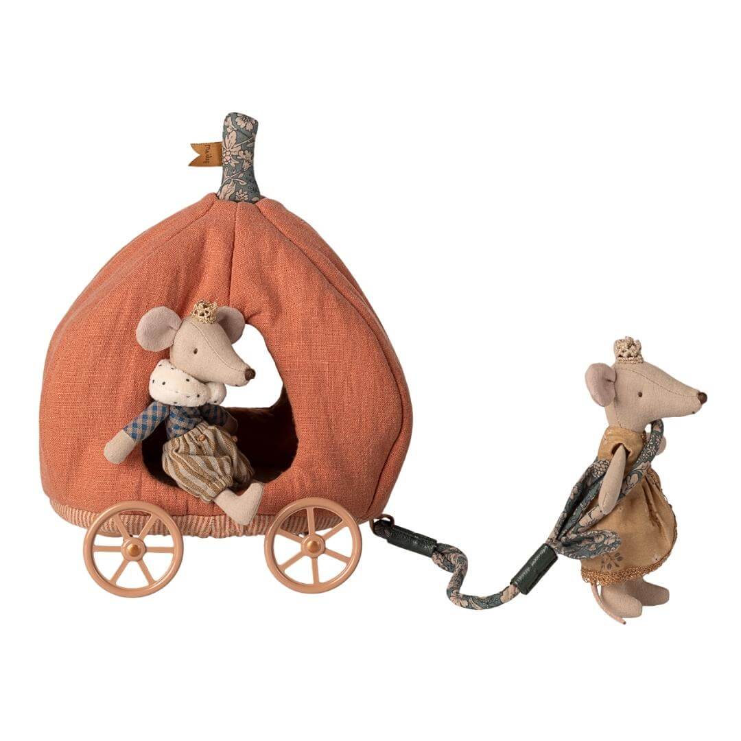 Whimsical Maileg pumpkin carriage with fabric body with 2 Maileg royal mice from Bella Luna Toys.