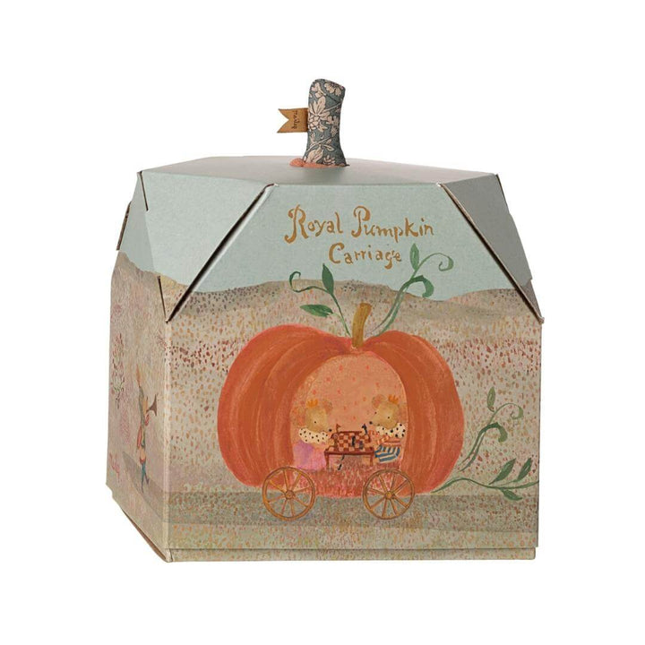 The beautifully illustrated Whimsical Maileg pumpkin carriage box with fabric pumpkin stem peeking out  from Bella Luna Toys.