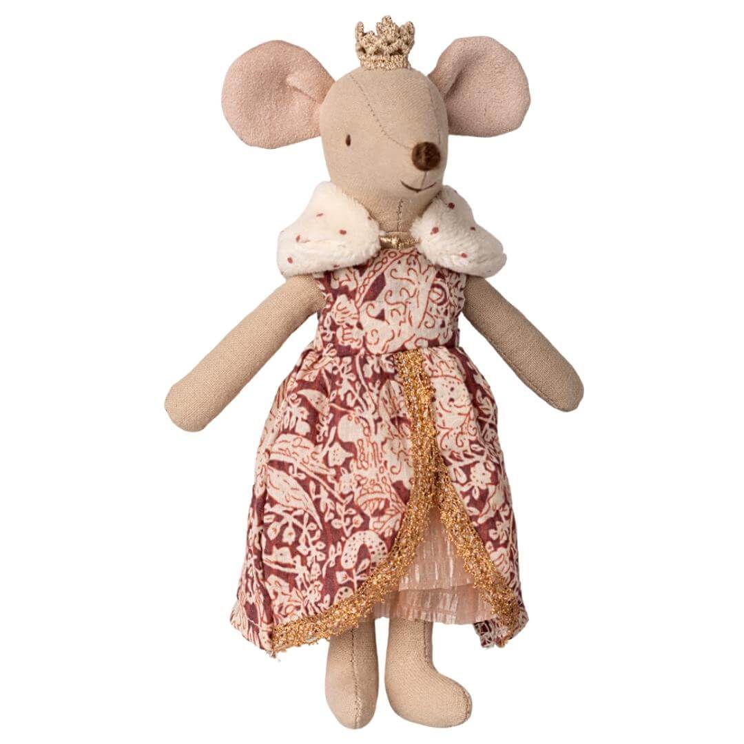 Maileg Royal Queen Mom Mouse wearing a patterned royal gown, soft collar, and golden crown.- Bella Luna Toys