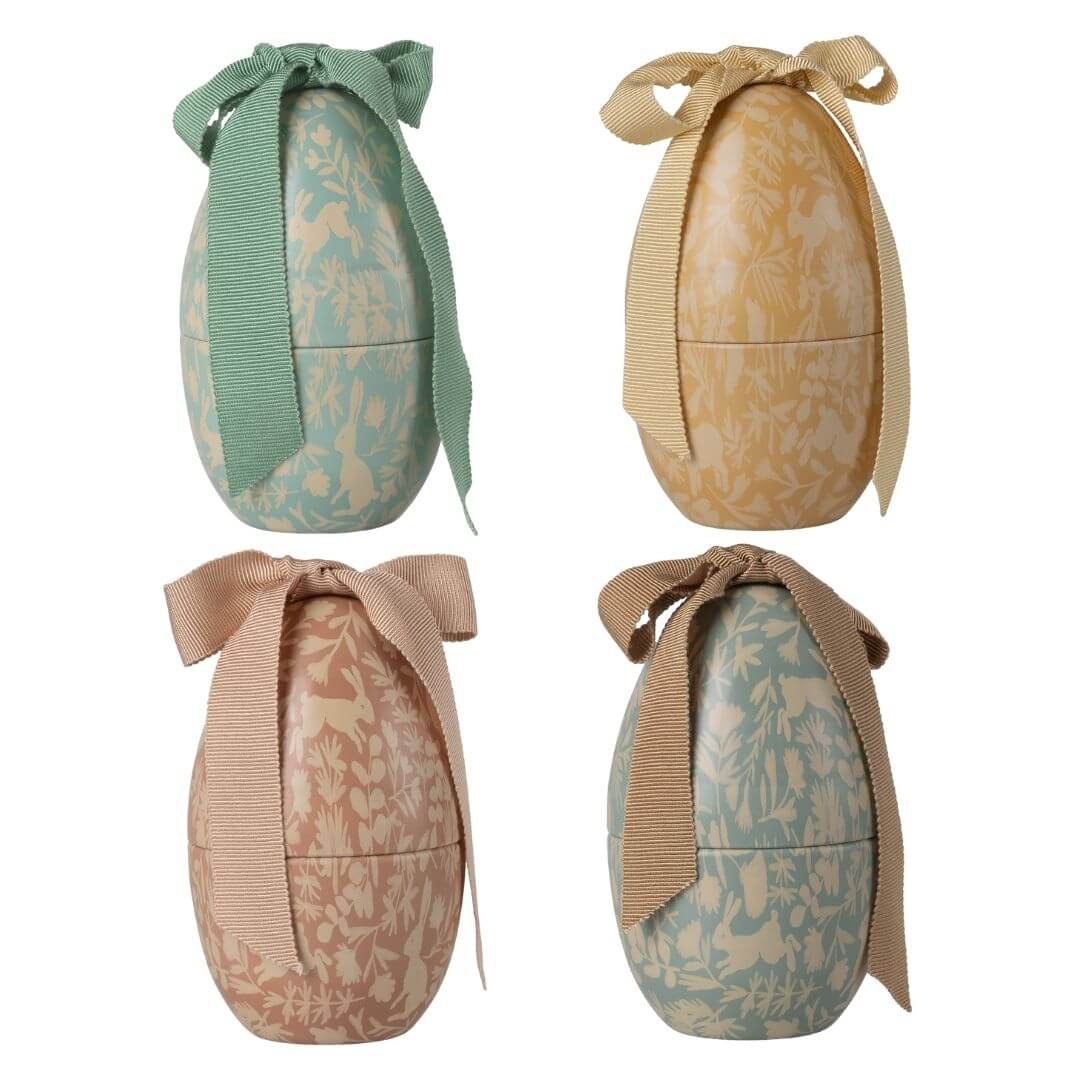 Maileg set of four small metal Easter eggs in dusty blue, mint, yellow, and rose, each with a delicate toile print and coordinating fabric bow - Bella Luna Toys