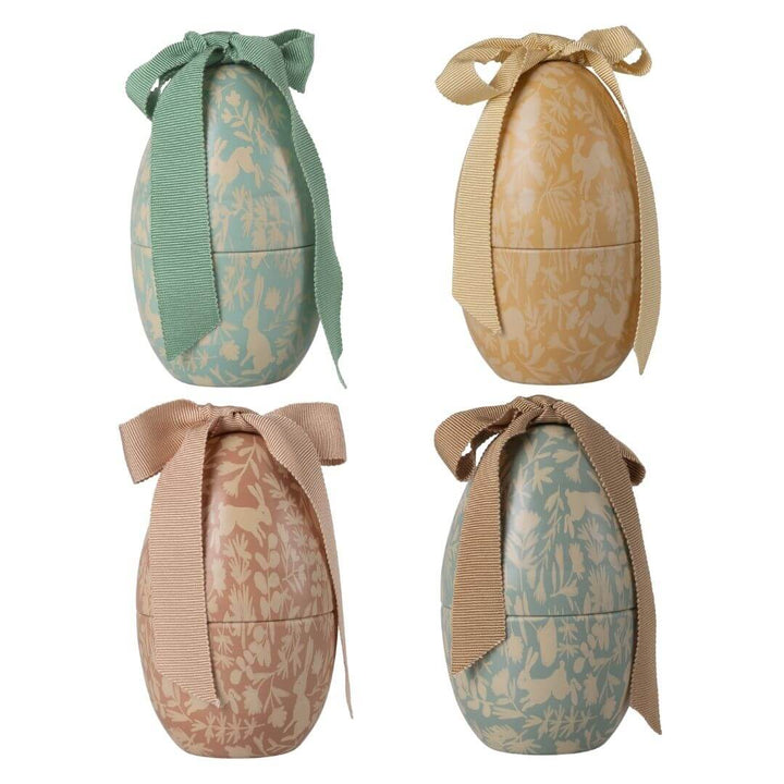 Maileg set of four small metal Easter eggs in dusty blue, mint, yellow, and rose, each with a delicate toile print and coordinating fabric bow - Bella Luna Toys
