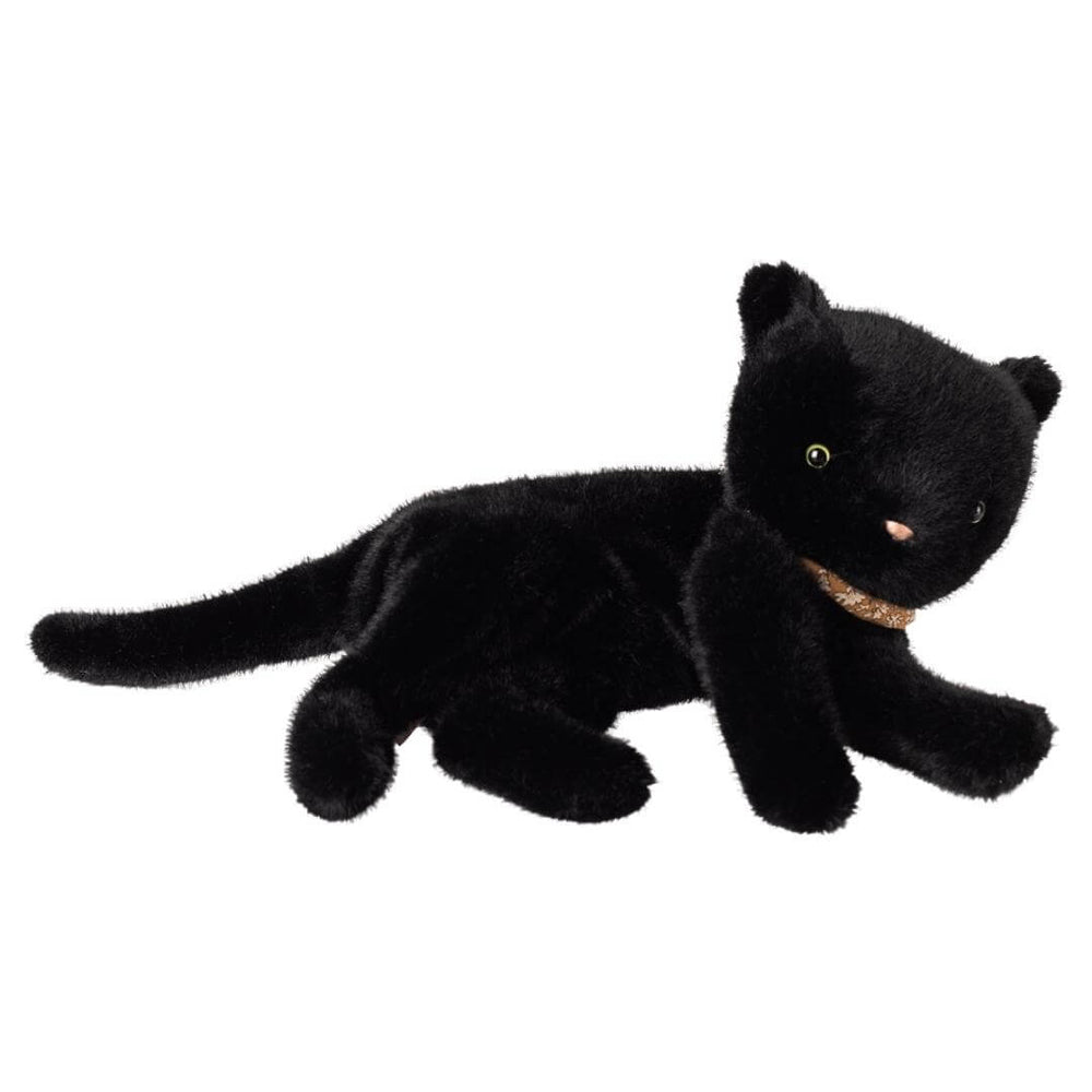 Maileg Sleeping Kitten in black plush, shown curled up with embroidered sleepy eyes and a soft fabric collar. - Bella Luna Toys