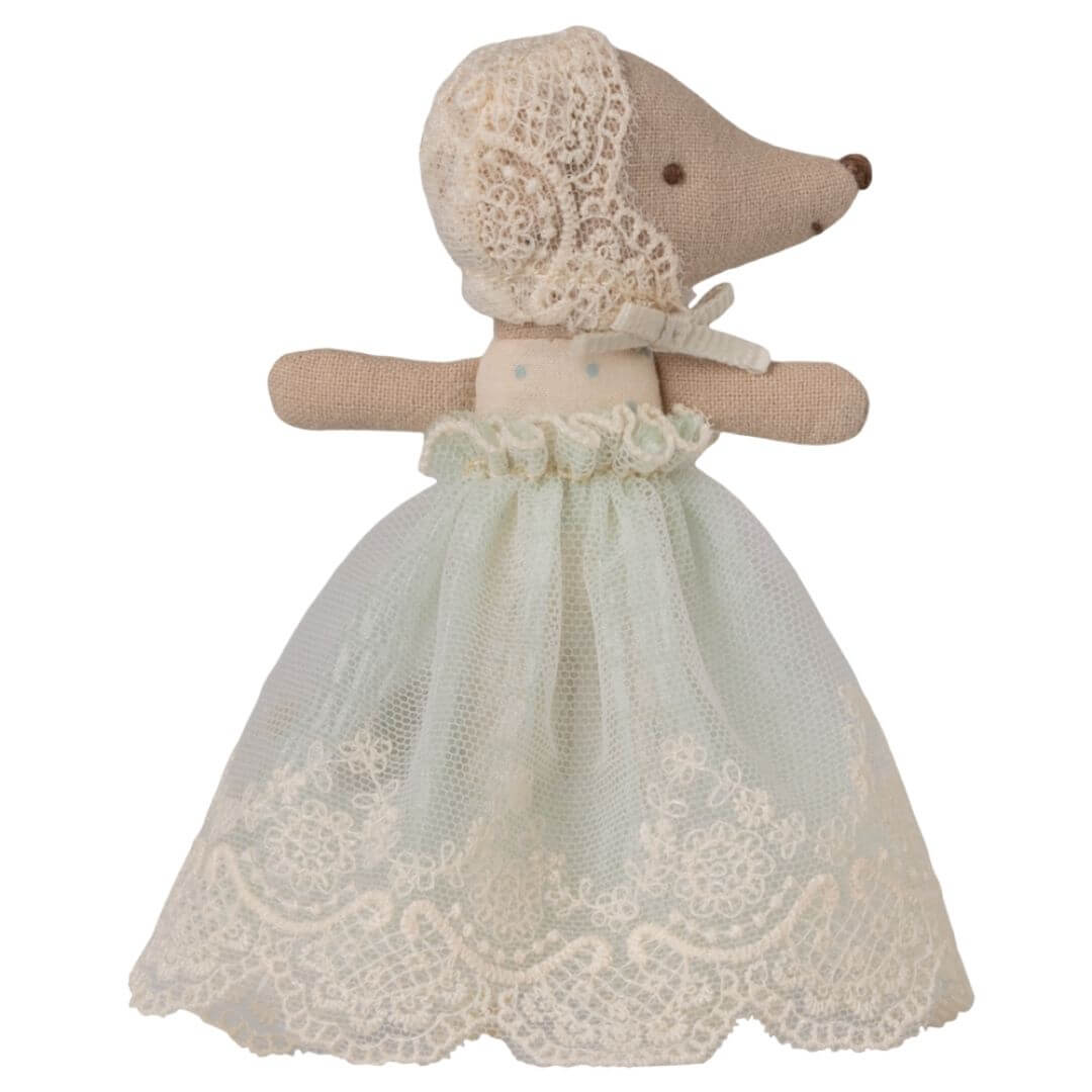 Maileg baby mouse in a soft mint gown with lace trim and bonnet, designed for gentle, imaginative play
