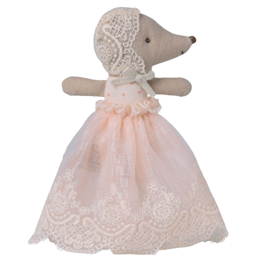 Maileg baby mouse in a soft powder gown with lace trim and bonnet, designed for gentle, imaginative play